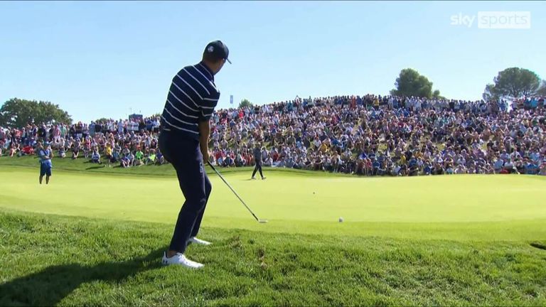 Spieth chipped in from the rough on the fourth hole at Marco Simone Golf and Country Club during the Friday fourballs session 