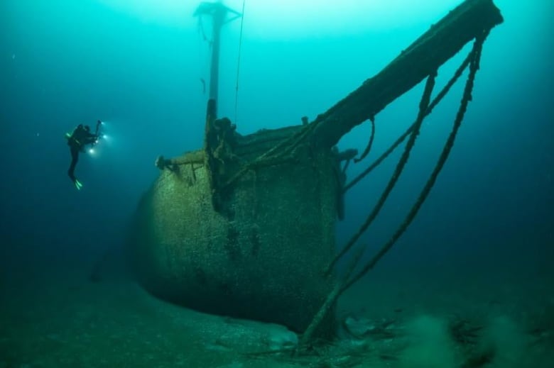 an underwater photographer takes a picture of a ghostly-looking sunken ship