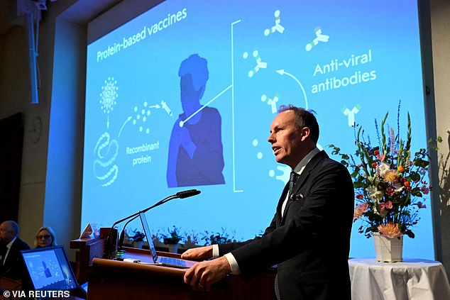 The duos 'groundbreaking findings' have 'fundamentally changed our understanding of how mRNA interacts with our immune system', the panel that awarded the prize said this morning. Nobel committee member Rickard Sandberg speaks during a press conference at the Karolinska Institute in Stockholm, Sweden