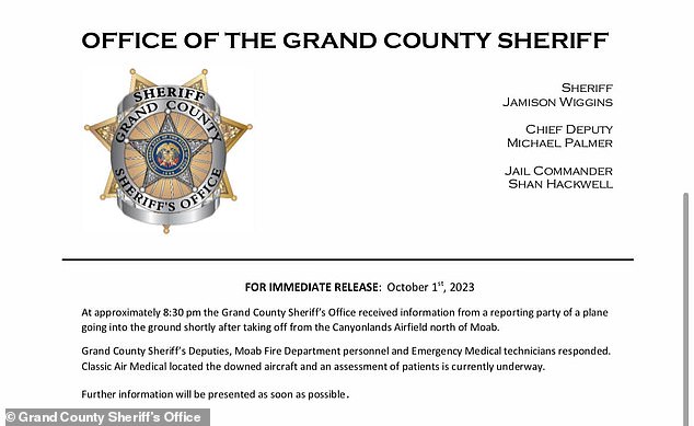 The Sheriff's Office first statement, which indicated there may have been survivors of the crash