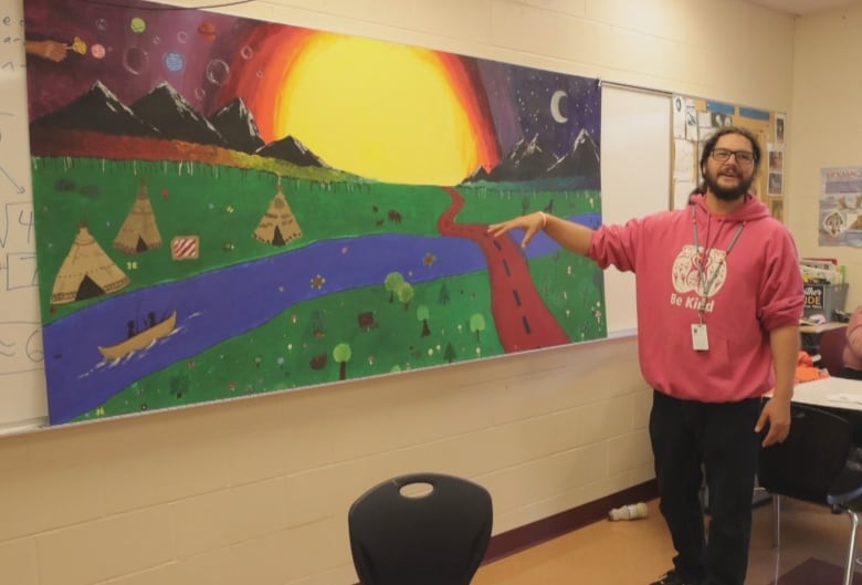 A man is standing in a classroom next to a painting 