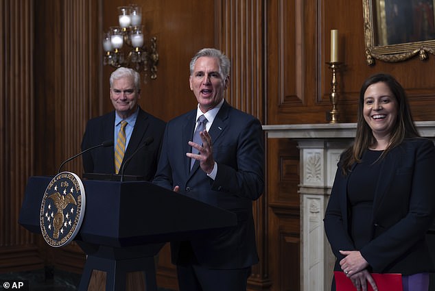 During a tense weekend in Washington, as Congress passed a short-term funding package that averted a US government shutdown, politicians dropped a $6 billion aid package that was set to help Kyiv in its battle against Russia. Pictured: Speaker of the House Kevin McCarthy