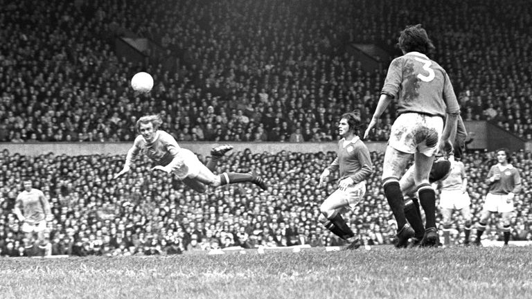 Manchester City&#39;s Francis Lee in action during first division match against Manchester United at Old Trafford in 1973