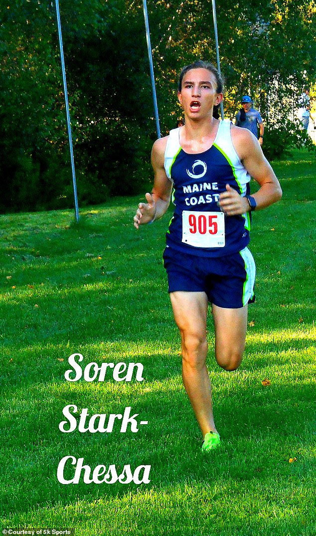 Soren Stark-Chessa, a high school sophomore, is seen competing in the girls' 5k. Stark-Chessa ran in the boys' competition as a freshman