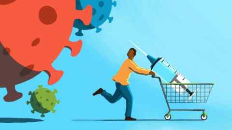 Andy Carter illustration of a man running away from coronavirus proteins while pushing a shopping trolley with a vaccine syringe in it