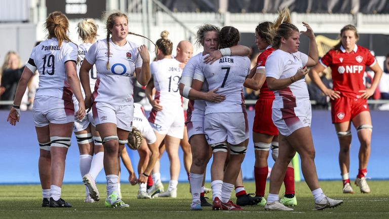 England players celebrate after the final whistle of the second Test match