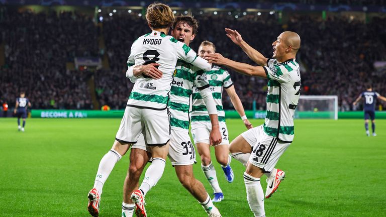 Celtic&#39;s Kyogo Furuhashi celebrates with Matt O&#39;Riley and Daizen Maeda