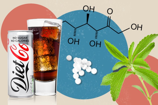 Diet Coke, which contains aspartame, saccharin, the chemical formula for d-allulose and a stevia rebaudiana plant