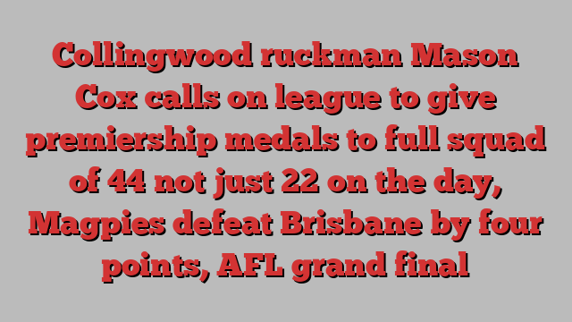 Collingwood ruckman Mason Cox calls on league to give premiership medals to full squad of 44 not just 22 on the day, Magpies defeat Brisbane by four points, AFL grand final