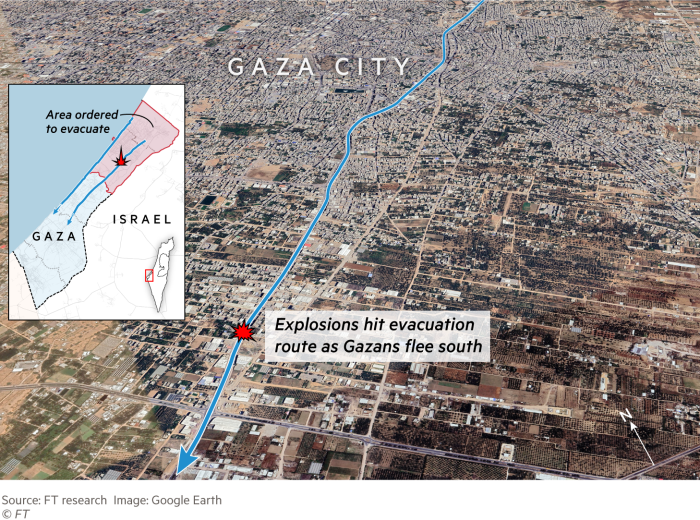 Map showing an evacuation route in Gaza as well as the location of explosions that hit evacuation route as Gazans flee south