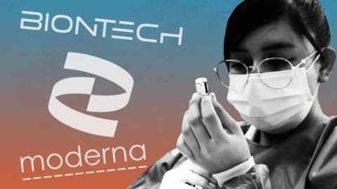 A montage of a nurse preparing a Covid-19 Pfizer vaccine, and the BioNTech and Moderna logos