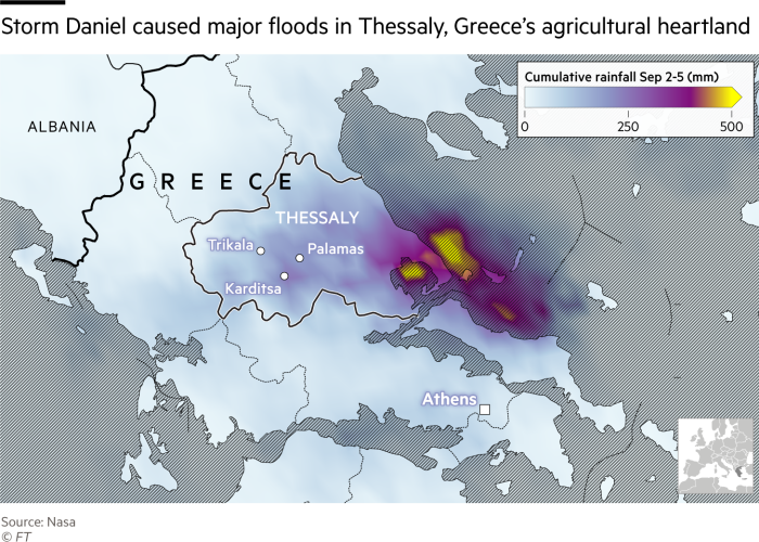 Storm Daniel caused major flooding in Greece’s Thessaly region. Map showing the cumulative rainfall from Storm Daniel over Greece between September 2 and September 5