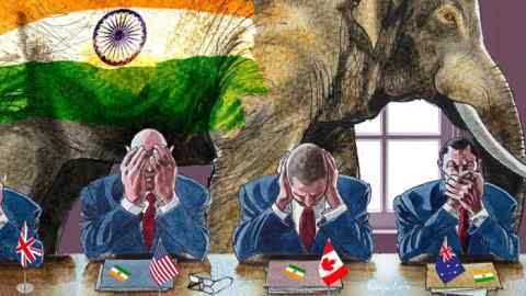 James Ferguson illustration of four men in suits sitting at a conference table, covering their faces with their hands. In front of each are country flags - from left to right: the UK, US, Canada and Australia. There is an elephant standing behind them with India flag painted onto its body