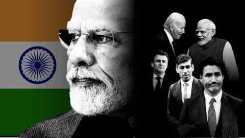 Narendra Modi faces left, against an Indian flag, while the figures of Modi with Biden, Macron, Sunak and Trudeau line up behind him