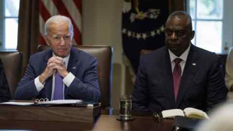 US president Joe Biden and defence secretary Lloyd Austin at a cabinet meeting on Monday