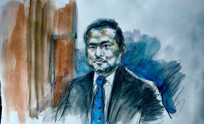 A court sketch of Sgt Liyu Guan, a forensic digital analyst with Windsor Police, who testified at the trial of Nathaniel Veltman. 