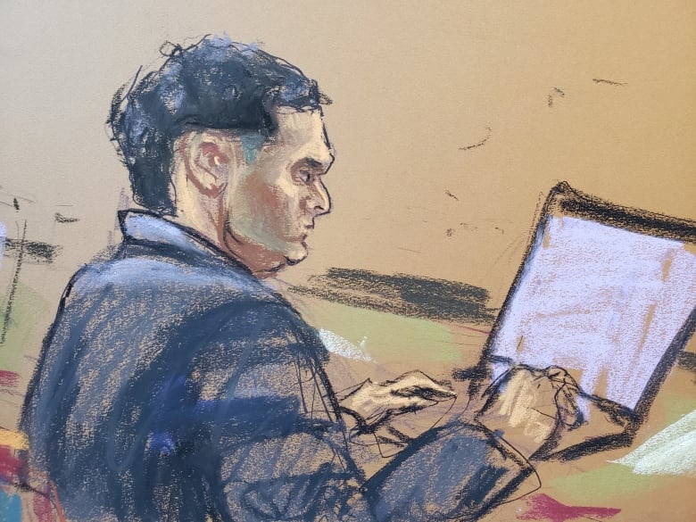 A court sketch shows a man with dark hair and a blue suit using a laptop in a beige courtroom.