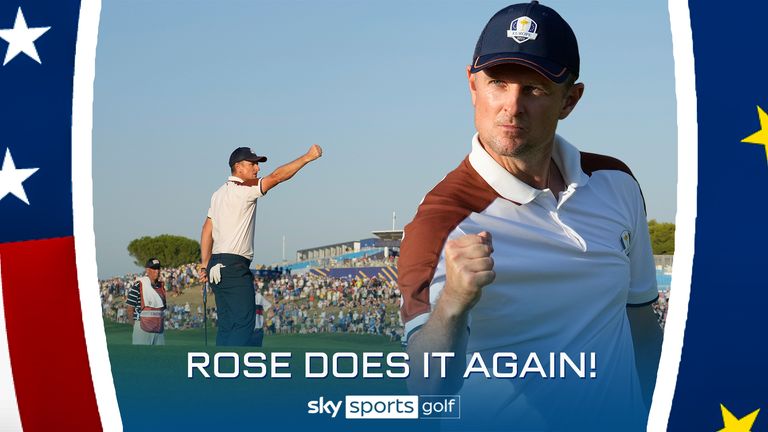 Justin Rose repeats his heroics of day one by draining this clutch putt to seal a point for Team Europe, this time claiming a 3&2 win over Justin Thomas and Jordan Spieth