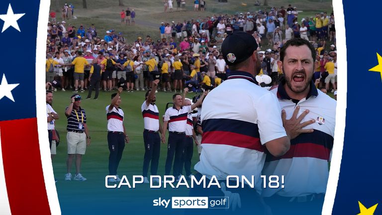 Lots of drama on the 18th hole on Day 2 as Team USA wave their caps back at the Ryder Cup crowd as Patrick Cantlay earns his team a crucial point.