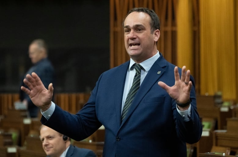 A politician holds his hands in front of himself while speaking in a legislature.