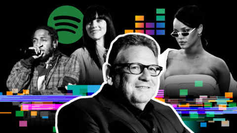 Montage of images with Lucian Grainge in the foreground and Kendrik Lamar, Billie Eilish and Rihanna in the background and Spotify and Deezer logos