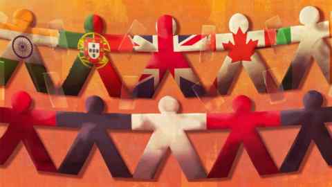 Illustration of two rows of paper chain people. On the top row, the people’s hands and feet are joined with sticky tape and each person has a country flag - left to right: India, Portugal, Britain and Canada. The bottom row is seemlessly joined with each figure a different colour