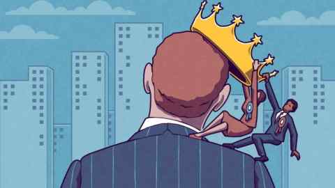 A woman in a suit and wearing a blue Democrat party rosette and a man in a suit wearing a red Republican rosette both pull the crown off the head of an oversized man in a suit who has his back to us and is facing a cityscape