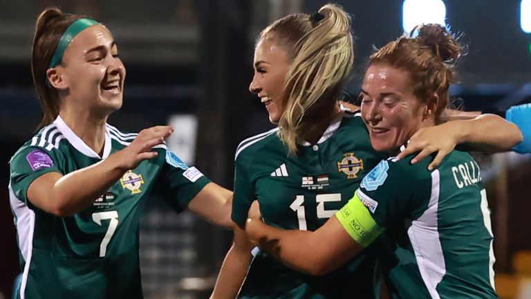 Northern Ireland&#39;s Danielle Maxwell (centre) celebrates scoring the equaliser