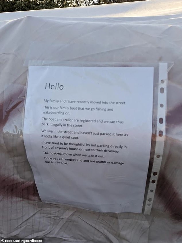 The owners of the vandalised boat hit back with a typed one-page letter which was placed in a plastic sleeve and taped to the boat