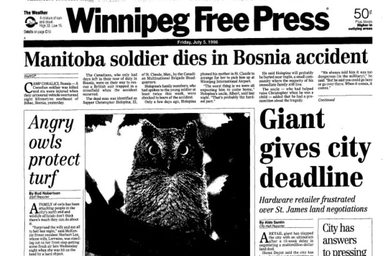 A copy of The Winnipeg Free Press with a headline that says, Manitoba soldier dies in Bosnia accident.