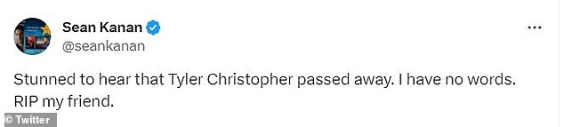 Upsetting: Elsewhere actor Sean Kanan said: 'Stunned to hear that Tyler Christopher passed away. I have no words. RIP my friend'