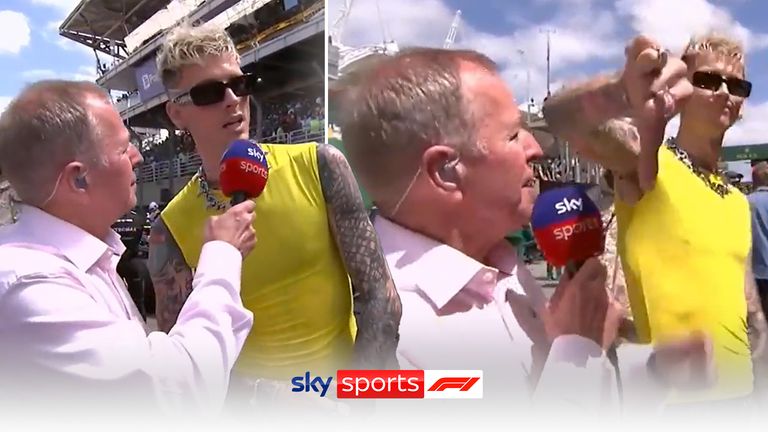 A classic Martin Brundle gridwalk moment with artist Machine Gun Kelly at the Sao Paulo Grand Prix