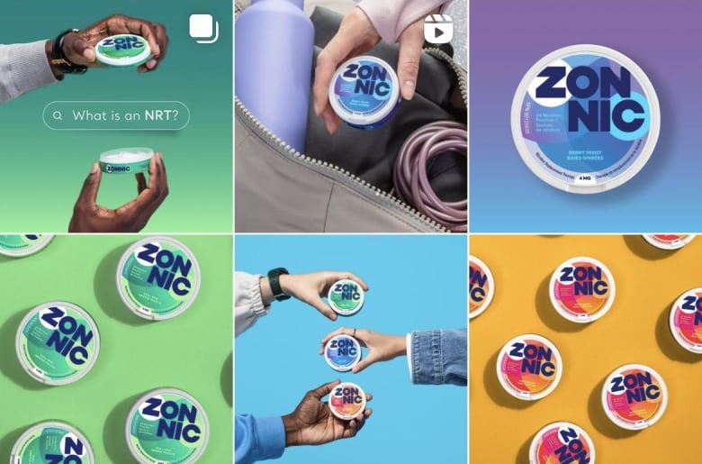 A screen grab of Zonnic Canada's instagram feed showing bright pictures of the product's packaging.