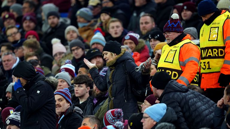 Stewards escort fans out of the stands during the UEFA Europa Conference League Group E match at Villa Park, Birmingham. Picture date: Thursday November 30, 2023.