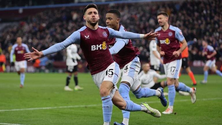 Alex Moreno of Aston Villa celebrates after scoring a goal to make it 2-1 during the UEFA Europa Conference League match between Aston Villa and Legia Warszawa at Villa Park on November 30, 2023