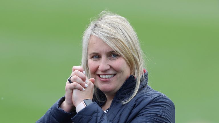 May 2, 2021, Kington Upon Thames, United Kingdom: Kington Upon Thames, England, 2nd May 2021. Emma Hayes manager of Chelsea celebrates the win during the UEFA Women&#39;s Champions League match at Kingsmeadow, Kington Upon Thames. Picture credit should read: Paul Terry / Sportimage(Credit Image: © Paul Terry/CSM via ZUMA Wire) (Cal Sport Media via AP Images)