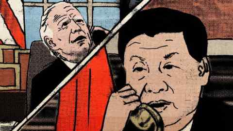 Ellie Foreman-Peck illustration of Joe Biden and Xi Jingping having a telephone conversation in  a cartoon strip style