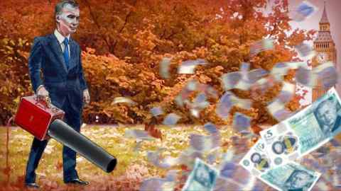 Illustration of Jeremy Hunt using a leaf blower to blow a flurry of £5 notes around