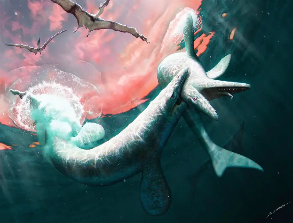 Two Jormungandr Walhallaensis Mosasaurs Fighting