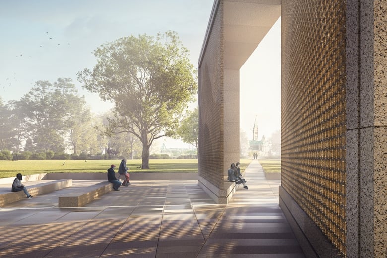 An artist's impression of a proposed memorial shows a large, sand-coloured and wall-like momument, with a large gap in the middle. 