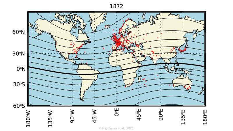 One of the largest magnetic storms in history quantified: Aurorae covered much of the night sky from the Tropics to the Polar Regions