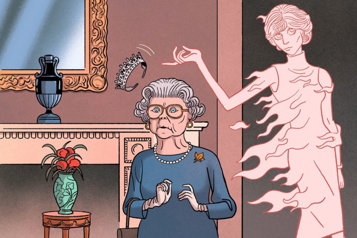 Illustration showing the Queen and the ghost of Princess Diana