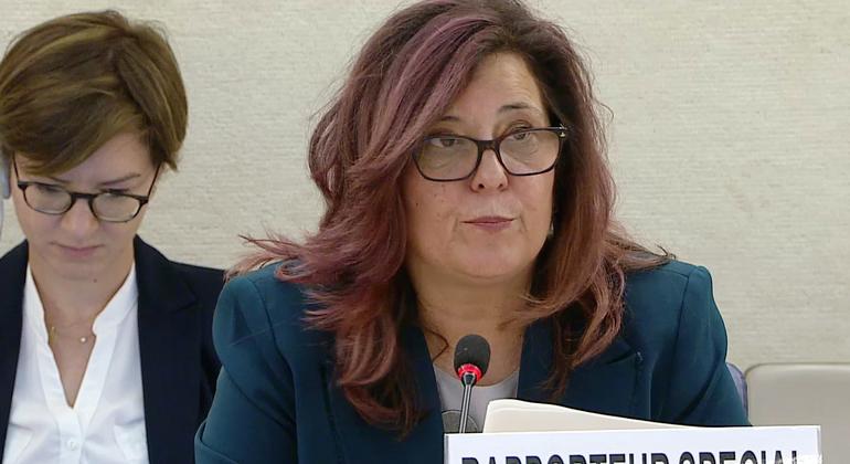 Mariana Katzarova, Special Rapporteur on the situation of human rights in the Russian Federation, addresses the Human Rights Council in Geneva.