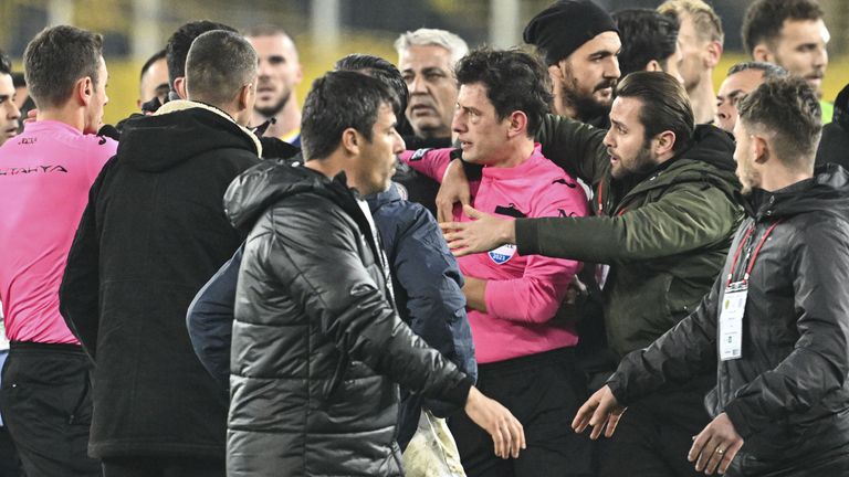 Faruk Koca, President of MKE Ankaragucu throws a punch to the referee Halil Umut Meler after the Turkish Super Lig week 15 football match between MKE Ankaragucu and Rizespor at Eryaman Stadium in Ankara, Turkiye on December 11, 2023