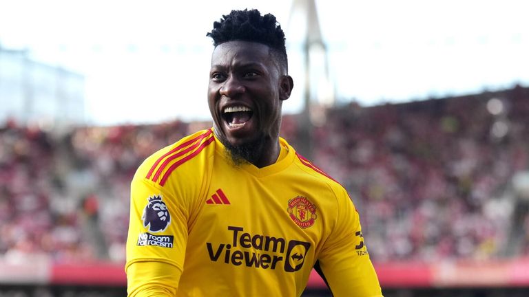 Andre Onana celebrates Manchester United&#39;s opening goal at Arsenal