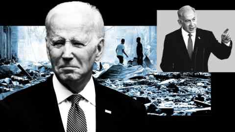 Pictures of US President Joe Biden and Israel’s Benjamin Netanyahu against a backdrop of a destroyed refugee camp in Gaza City