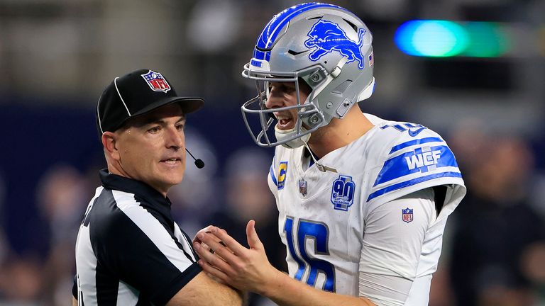 Detroit Lions quarterback Jared Goff argues with an official after their late two-point conversion try in the loss to the Dallas Cowboys