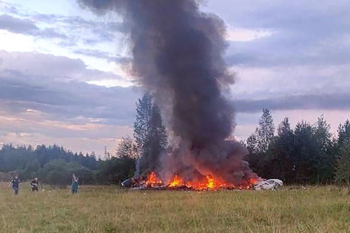 A photograph posted on a Wagner-linked Telegram channel shows burning plane wreckage near the village of Kuzhenkino in the Tver region north-west of Moscow