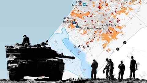 Montage of Gaza map and photograph of Israeli tanks on the border