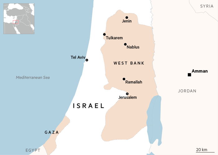 Map of Israel and West Bank, showing key locations including Ramallah, Nablus, Tulkarem and Jenin